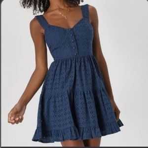 Lulus navy blue eyelet babydoll dress- size medium
